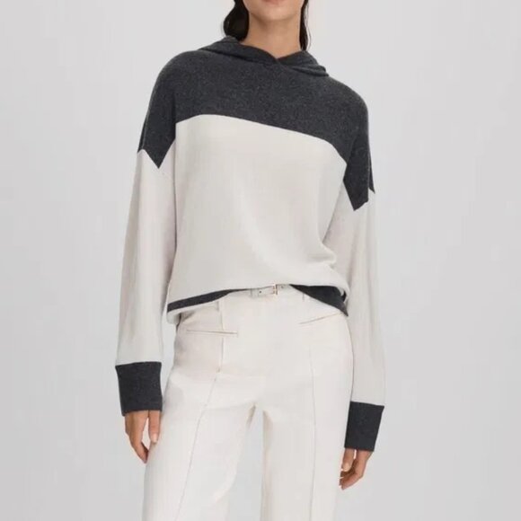 REISS “Alex” Wool Cashmere Striped Hoodie Sweater Beige & Charcoal Size Smal - Picture 1 of 16